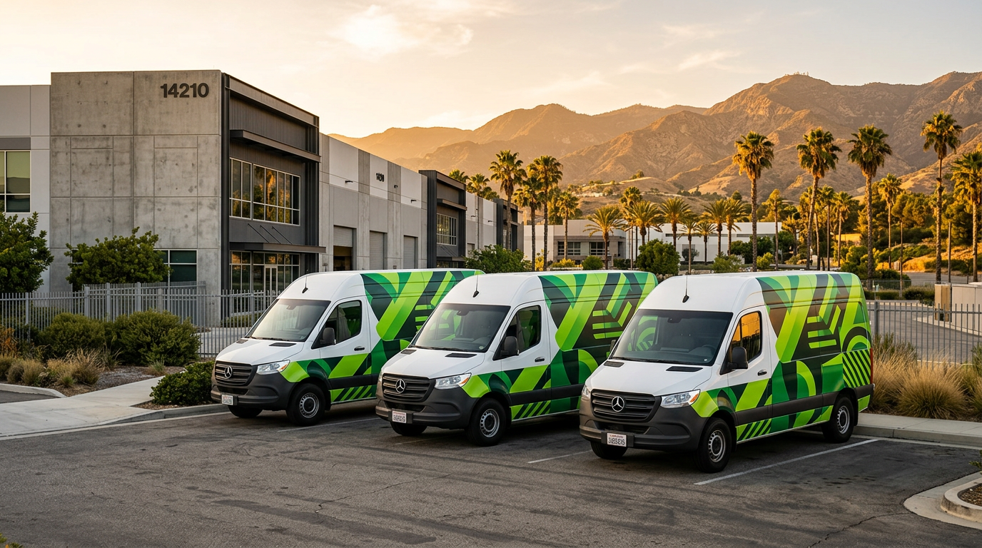Row of wrapped commercial vans parked outside a building in the San Fernando Valley