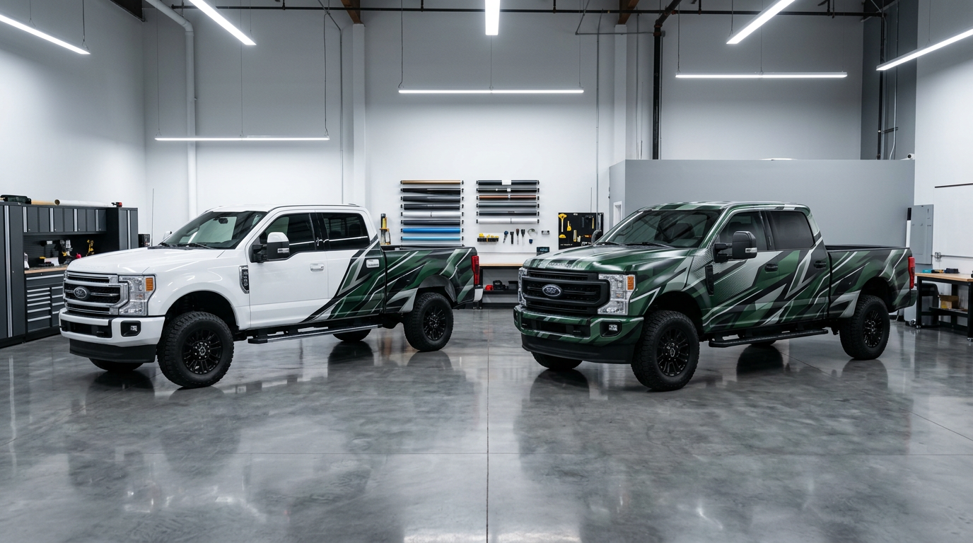 Two work trucks side by side, one with a partial wrap and one with a full wrap