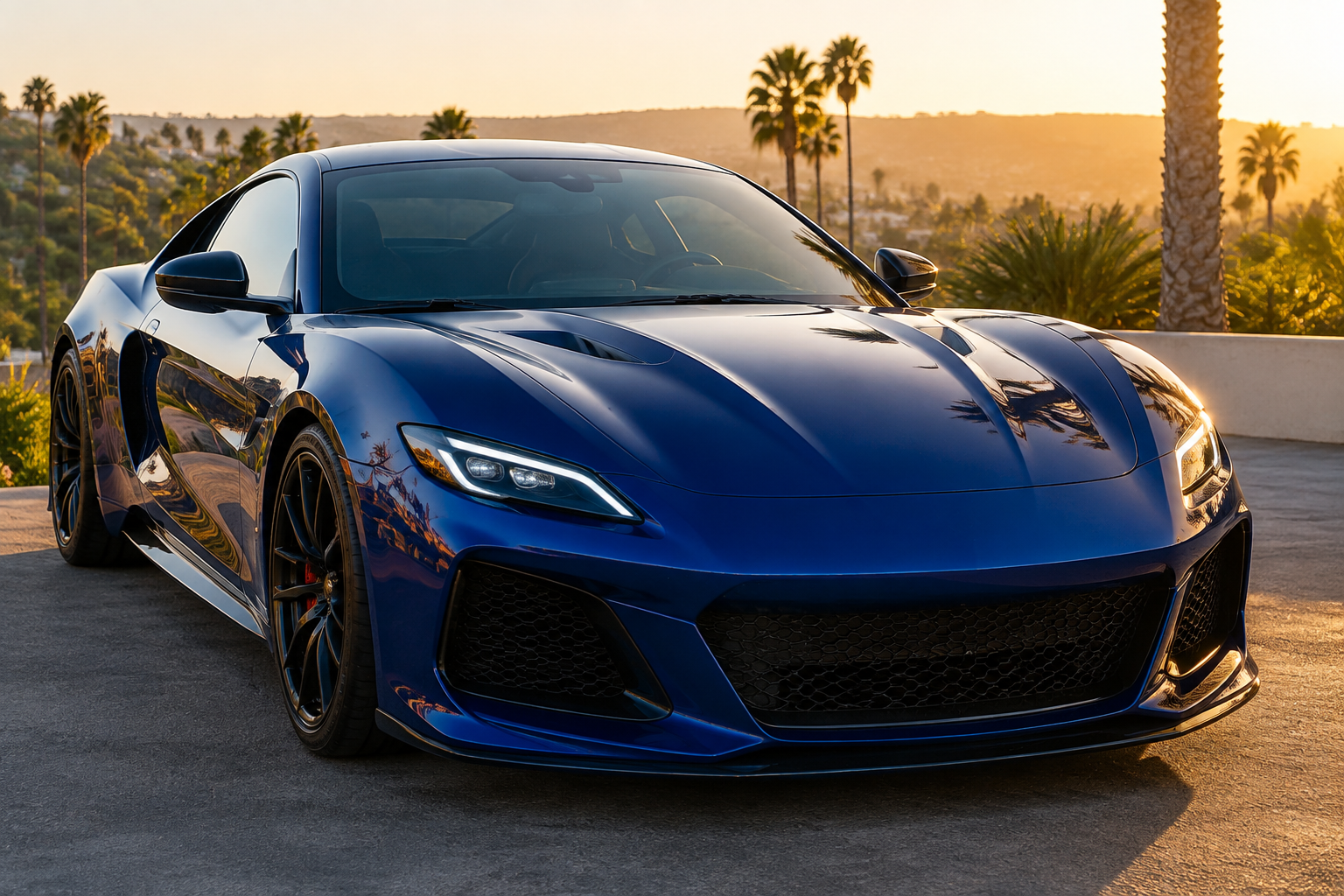 Glossy blue sports car with protected paint in Southern California golden hour sun